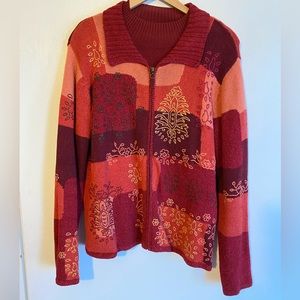 Sweater and red mock turtleneck silk top